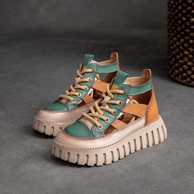 Women Retro Lace Up Leather Platform Sandals Feb 2023 New Arrival Green 35 