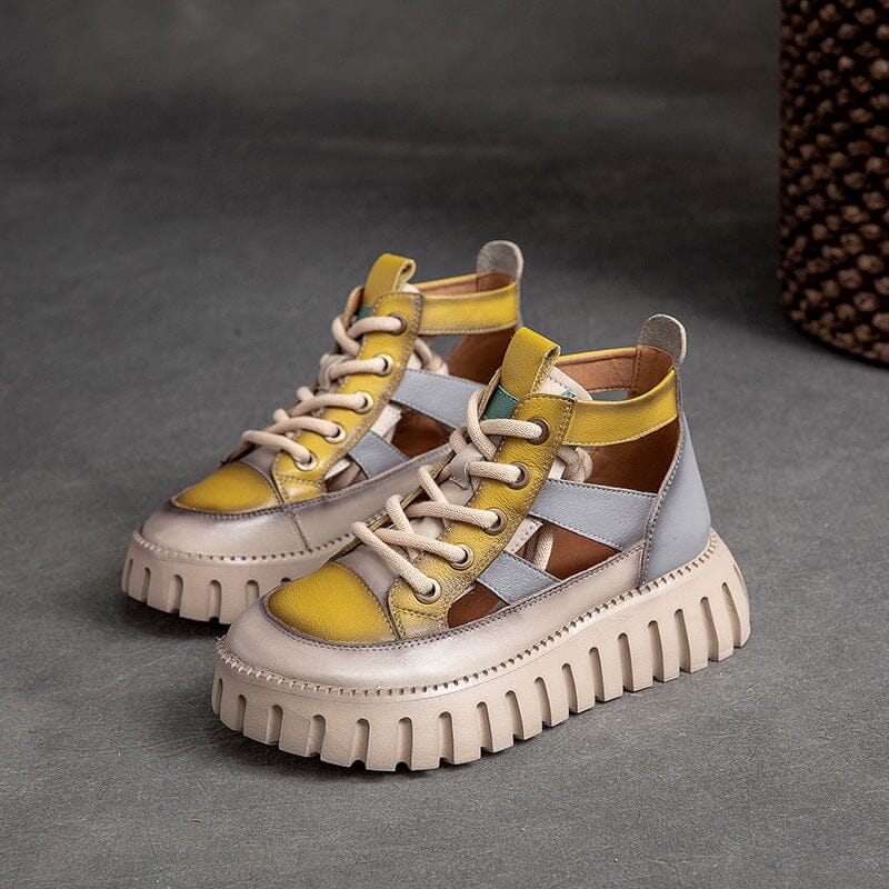 Women Retro Lace Up Leather Platform Sandals Feb 2023 New Arrival Yellow 35 