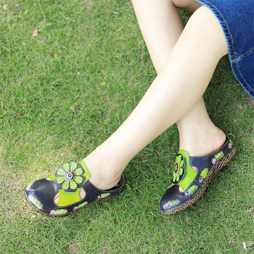 Women Retro Leather Casual Hollow Summer Slippers