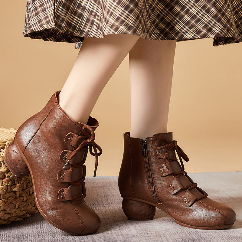 Women Retro Leather Casual Lace-up Wedeg Boots
