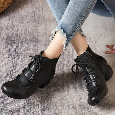 Women Retro Leather Casual Lace-up Wedeg Boots