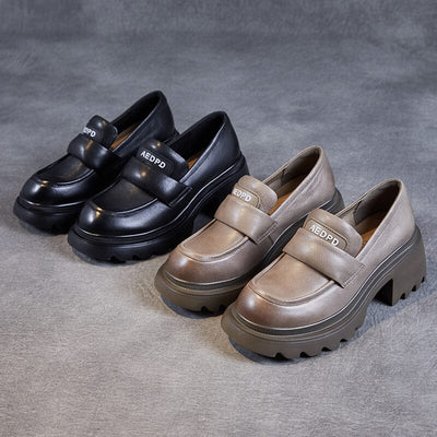 Women Retro Leather Casual Lug Sole Loafers