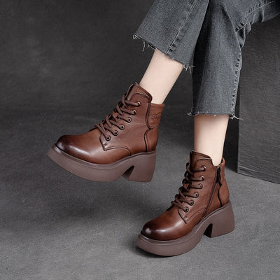 Women Retro Leather Chunky Heel Ankle Boots Sep 2023 New Arrival 