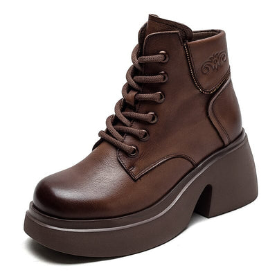 Women Retro Leather Chunky Heel Ankle Boots