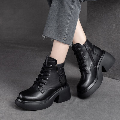 Women Retro Leather Chunky Heel Ankle Boots