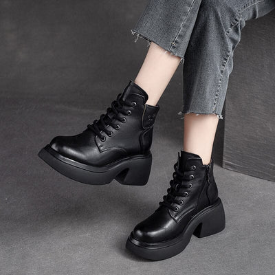 Women Retro Leather Chunky Heel Ankle Boots Sep 2023 New Arrival 