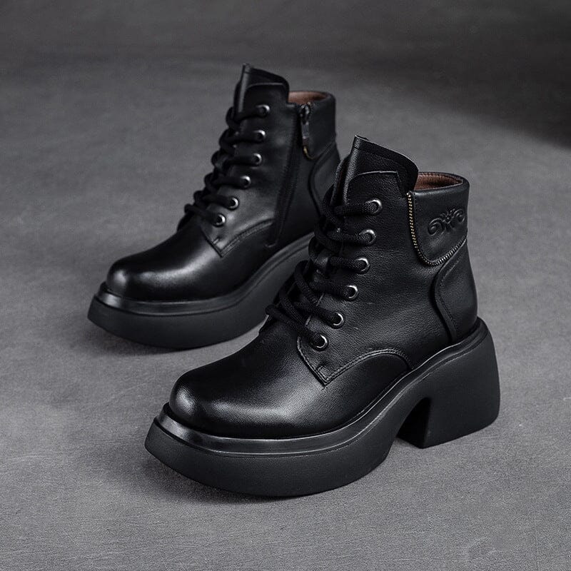 Women Retro Leather Chunky Heel Ankle Boots Sep 2023 New Arrival Black 35 