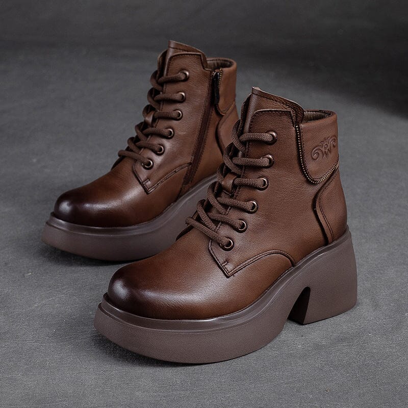 Women Retro Leather Chunky Heel Ankle Boots Sep 2023 New Arrival Brown 35 