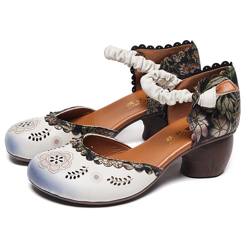 Women Retro Leather Chunky Low Heel Sandals Apr 2023 New Arrival 