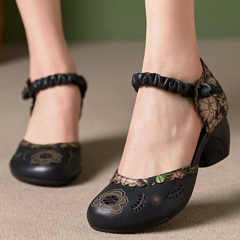 Women Retro Leather Chunky Low Heel Sandals Apr 2023 New Arrival 