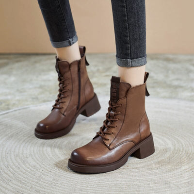 Women Retro Leather Fashion Wedge Combat Boots