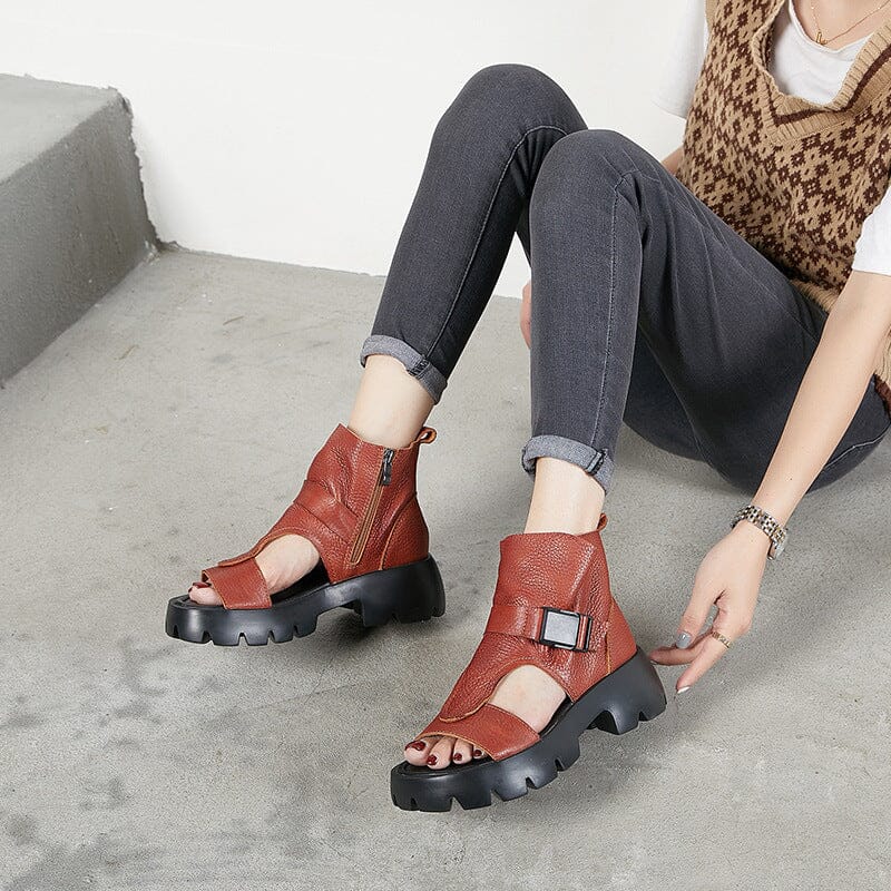 Women Retro Leather Peep Toe Platform Summer Sandals