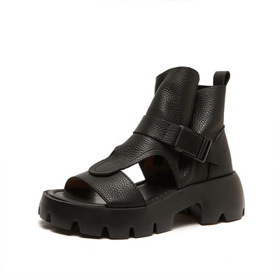 Women Retro Leather Peep Toe Platform Summer Sandals May 2023 New Arrival Black 35 