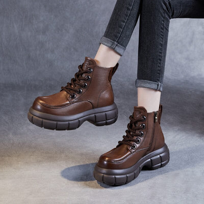 Women Retro Leather Platform Ankle Boots Oct 2023 New Arrival 