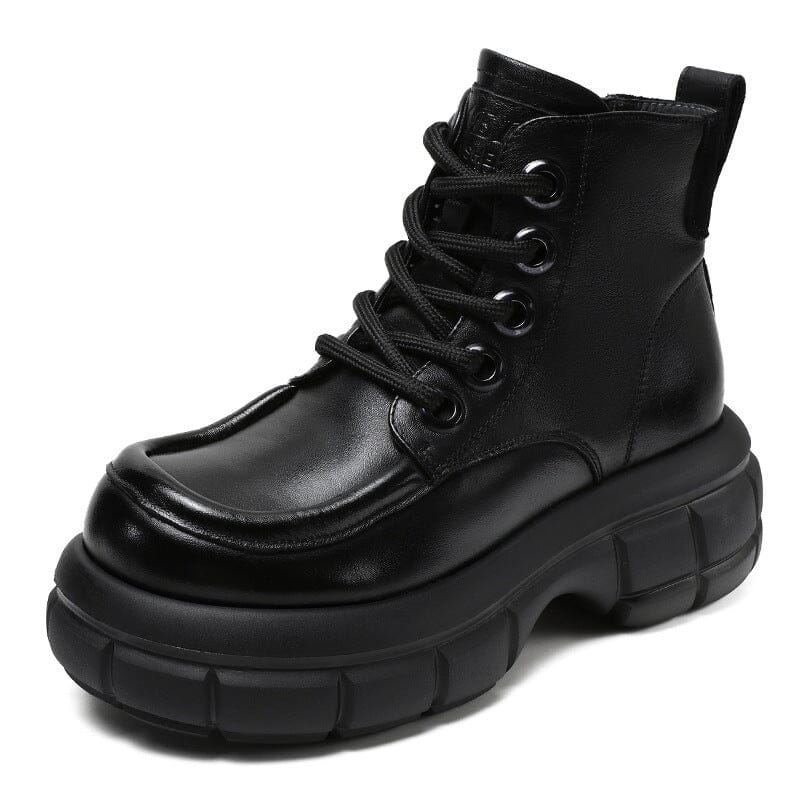 Women Retro Leather Platform Ankle Boots Oct 2023 New Arrival Black 35 