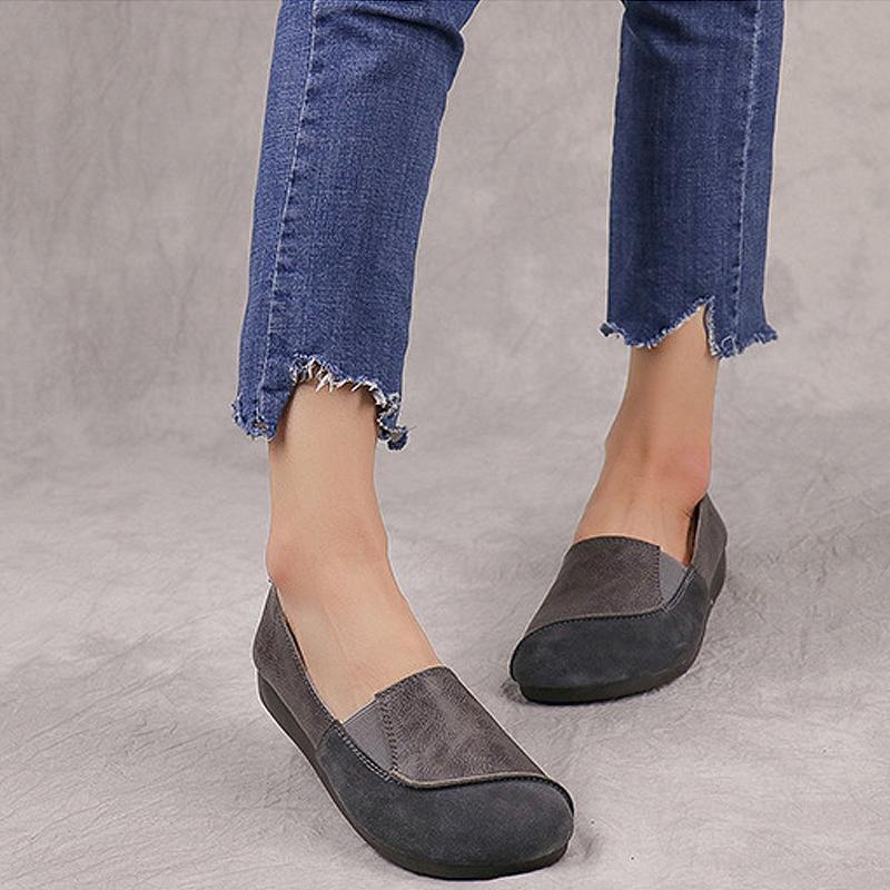 Women Retro Leather Stitching Casual Slip-On Shoes