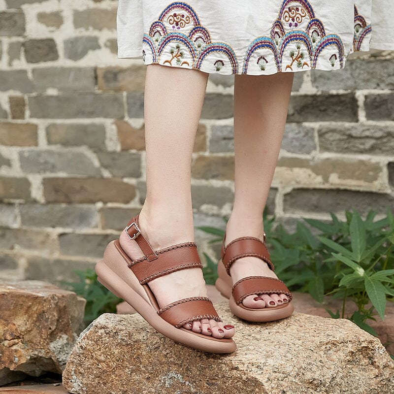 Women Retro Leather Summer Wedge Sandals May 2023 New Arrival 
