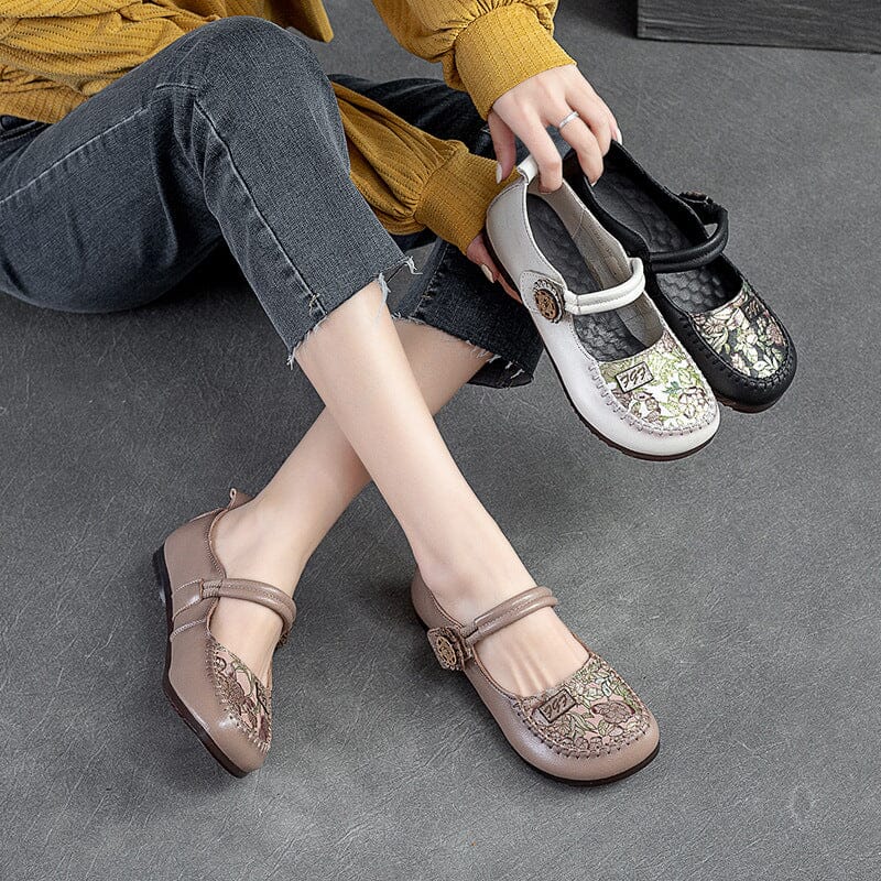 Women Retro Leather Velcro Casual Shoes