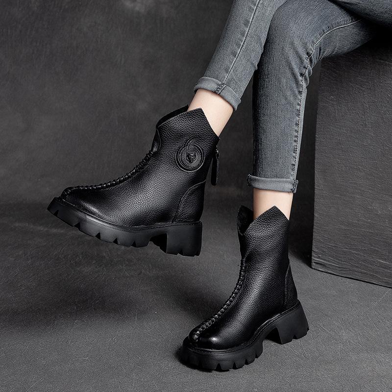 Women Retro Leather Wedge Simple Boots July 2021 New-Arrival 35 Black 