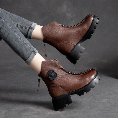 Women Retro Leather Wedge Simple Boots