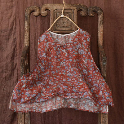 Women Retro Linen Floral Print Loose Summer Vest Mar 2023 New Arrival Red One Size 