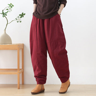 Women Retro Linen Loose Winter Cotton Padded Pants Sep 2022 New Arrival S Wine Red 
