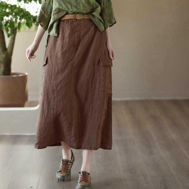 Women Retro Linen Spring Split A-Line Skirt Mar 2023 New Arrival One Size Coffee 