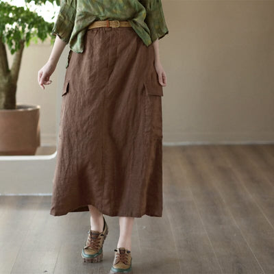 Women Retro Linen Spring Split A-Line Skirt