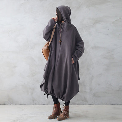 Women Retro Loose Autumn Winter Solid Hooded Dress Oct 2022 New Arrival 