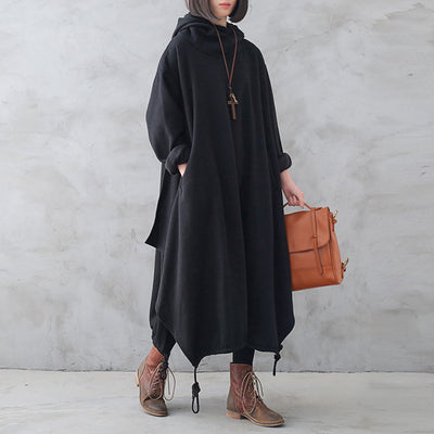 Women Retro Loose Autumn Winter Solid Hooded Dress Oct 2022 New Arrival 