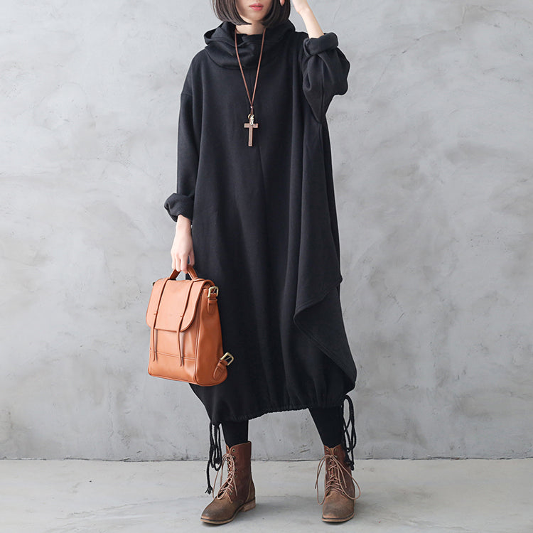 Women Retro Loose Autumn Winter Solid Hooded Dress Oct 2022 New Arrival One Size Black 