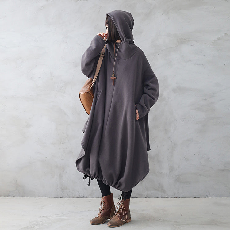 Women Retro Loose Autumn Winter Solid Hooded Dress Oct 2022 New Arrival One Size Gray 