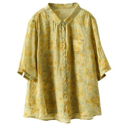 Women Retro Loose Casual Floral Linen Blouse