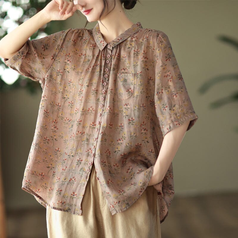 Women Retro Loose Casual Floral Linen Blouse Jul 2023 New Arrival Coffee One Size 