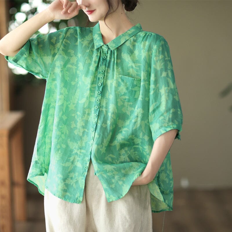 Women Retro Loose Casual Floral Linen Blouse Jul 2023 New Arrival Green One Size 