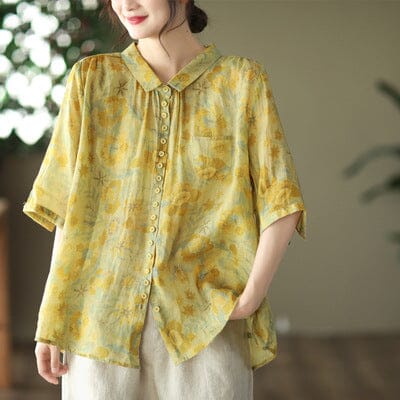 Women Retro Loose Casual Floral Linen Blouse Jul 2023 New Arrival Yellow One Size 