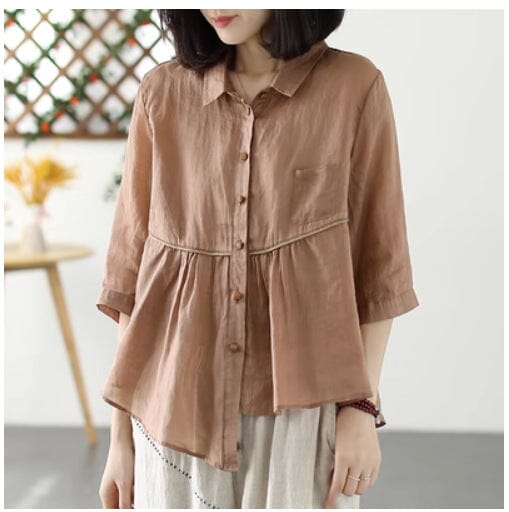 Women Retro Loose Casual Summer Linen Blouse Apr 2023 New Arrival Coffee One Size 