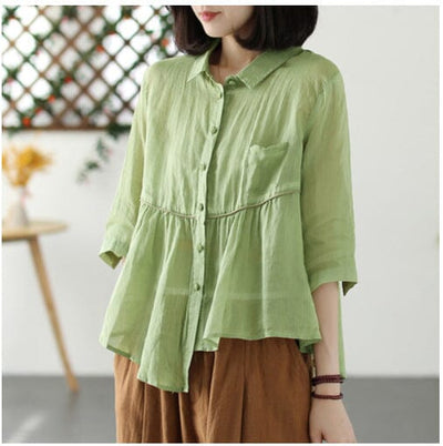 Women Retro Loose Casual Summer Linen Blouse Apr 2023 New Arrival Green One Size 
