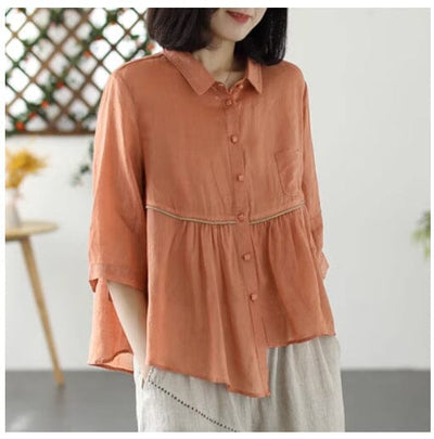Women Retro Loose Casual Summer Linen Blouse Apr 2023 New Arrival Orange One Size 