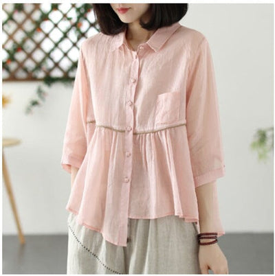 Women Retro Loose Casual Summer Linen Blouse Apr 2023 New Arrival Pink One Size 