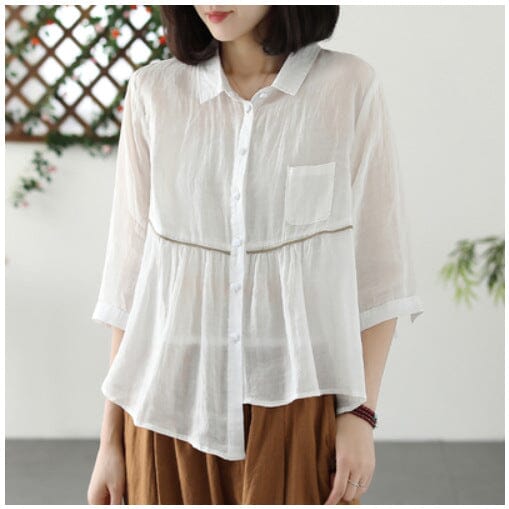 Women Retro Loose Casual Summer Linen Blouse Apr 2023 New Arrival White One Size 