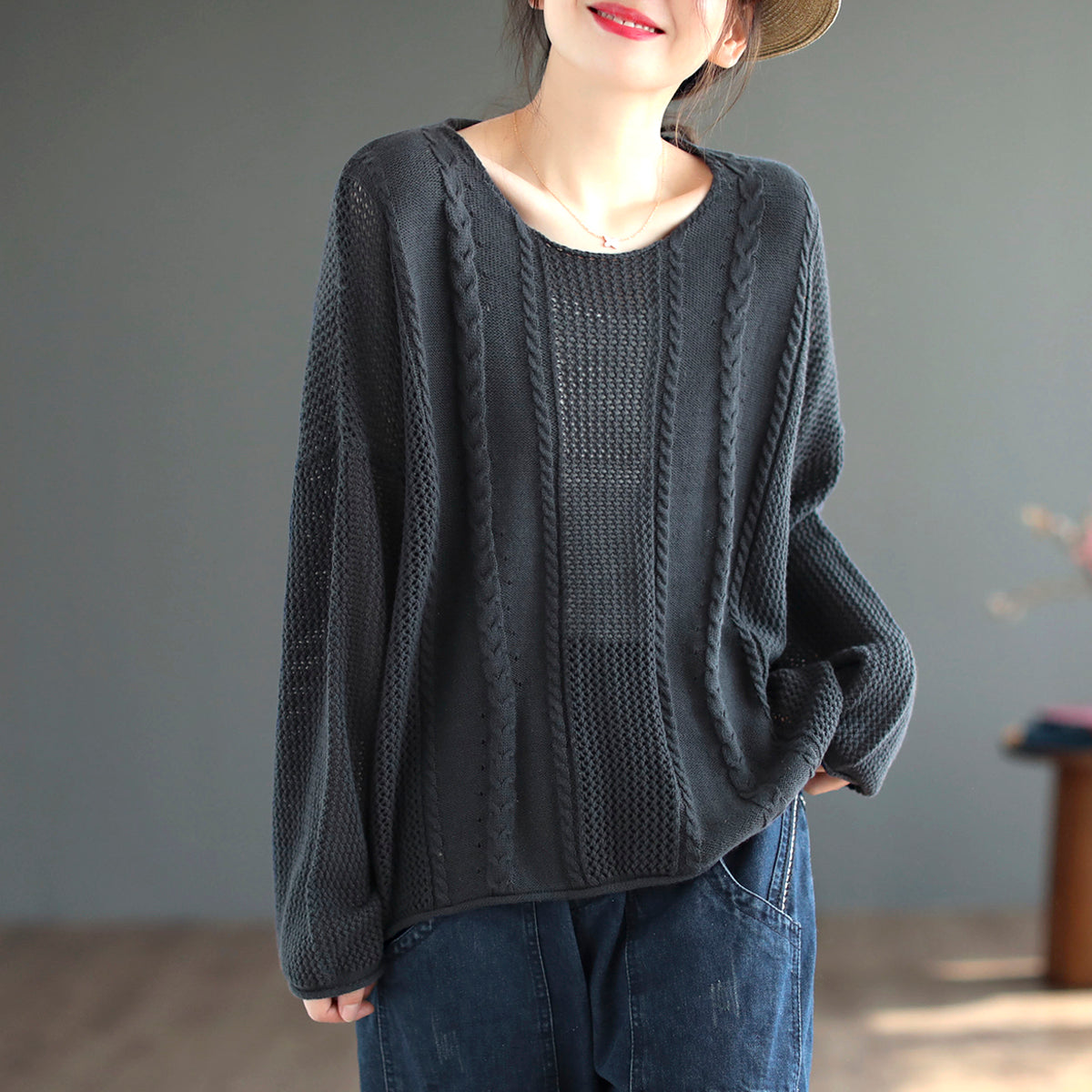 Women Retro Loose Cotton Knitted Sweater Plus Size