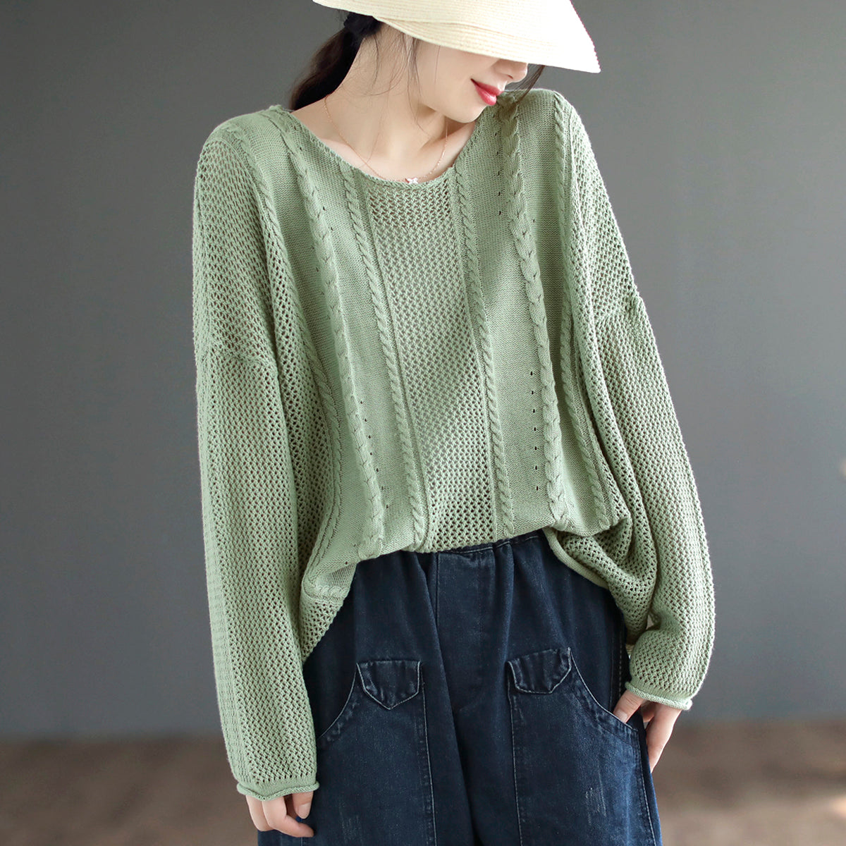 Women Retro Loose Cotton Knitted Sweater Plus Size Aug 2022 New Arrival One Size Green 