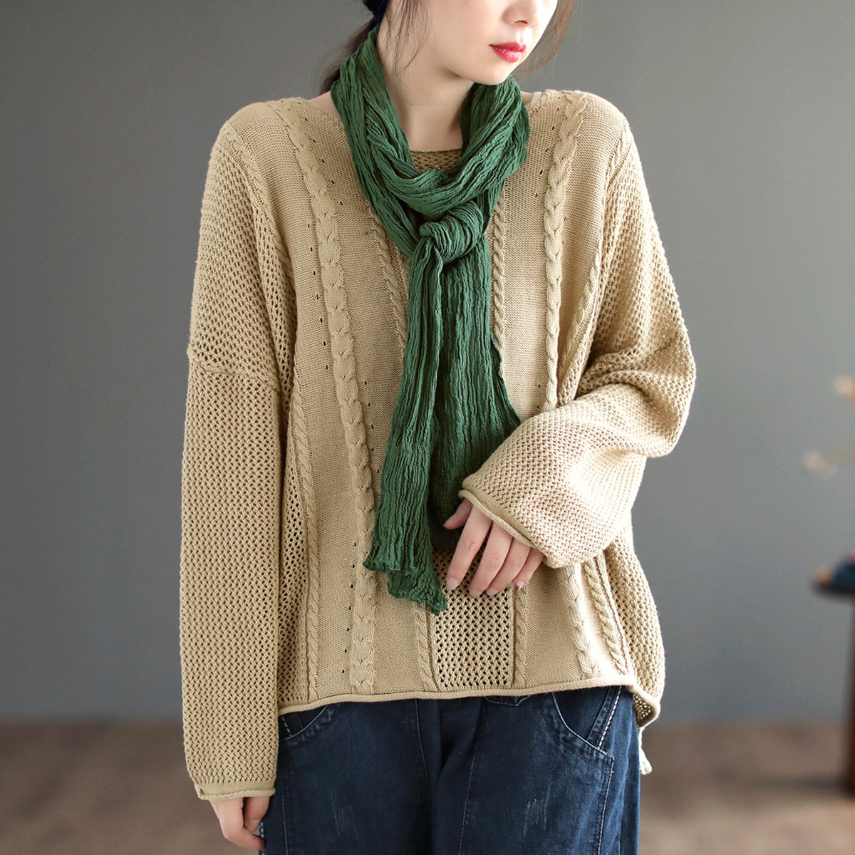 Women Retro Loose Cotton Knitted Sweater Plus Size Aug 2022 New Arrival One Size Khaki 