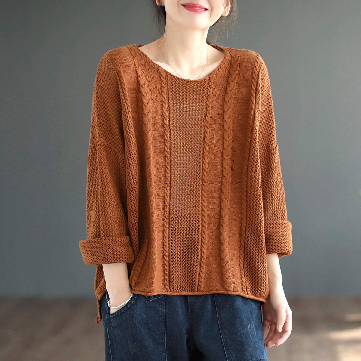 Women Retro Loose Cotton Knitted Sweater Plus Size Aug 2022 New Arrival One Size Orange 