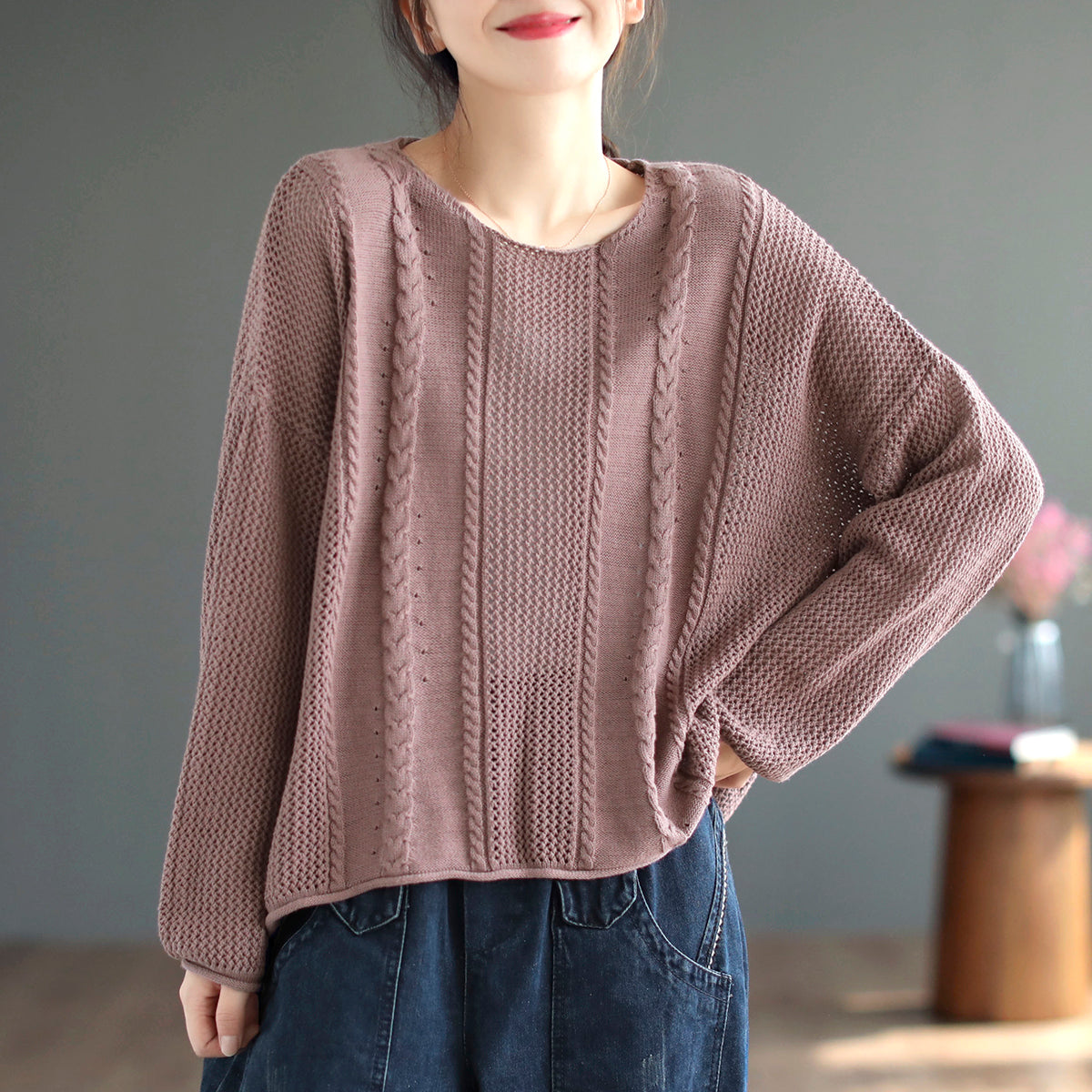 Women Retro Loose Cotton Knitted Sweater Plus Size Aug 2022 New Arrival One Size Pink 