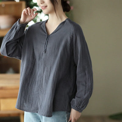 Women Retro Loose Minimalist Solid Autumn Blouse Aug 2023 New Arrival Gray One Size 