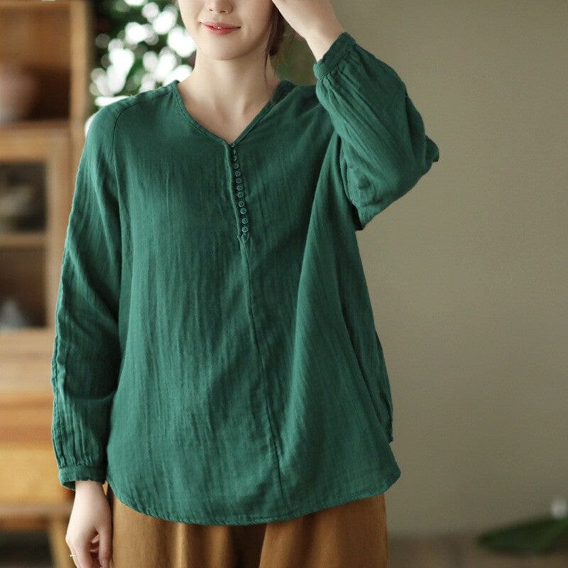 Women Retro Loose Minimalist Solid Autumn Blouse Aug 2023 New Arrival Green One Size 