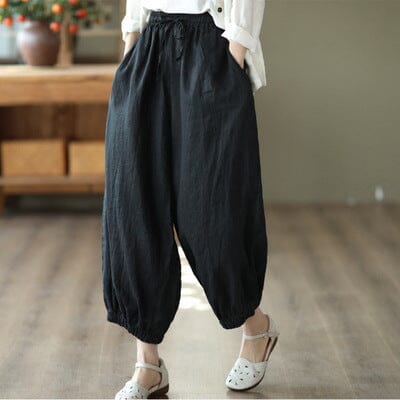 Women Retro Loose Solid Linen Harem Pants Feb 2023 New Arrival Black One Size 