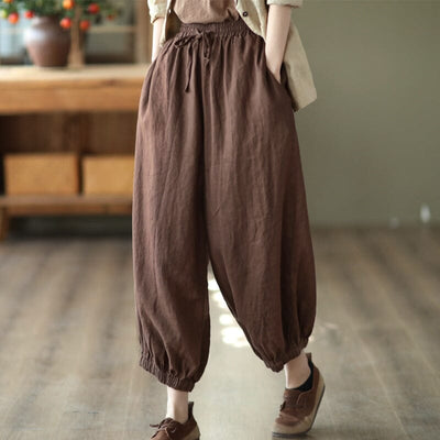 Women Retro Loose Solid Linen Harem Pants Feb 2023 New Arrival Coffee One Size 